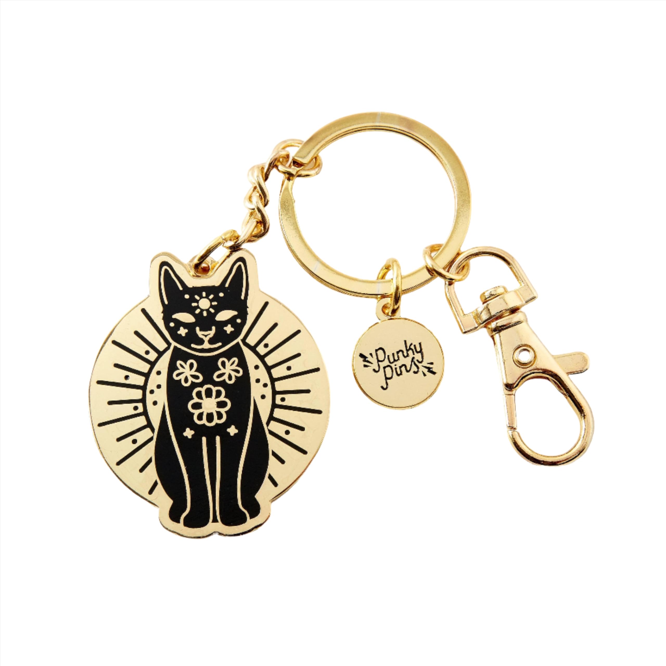 Punky Pins Mystic Cat Hard Enamel Keyring, Gold and Black, 47mm x 35mm, by Lucy Jennings