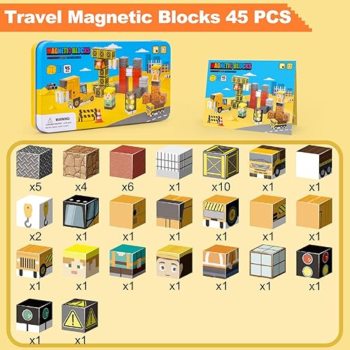 Miniatura 7 de Aywewii Bloques magnéticos de viaje, 45 piezas, juegos de viaje para niños de 3 a 8 años, cubos de construcción magnéticos, juego de aprendizaje