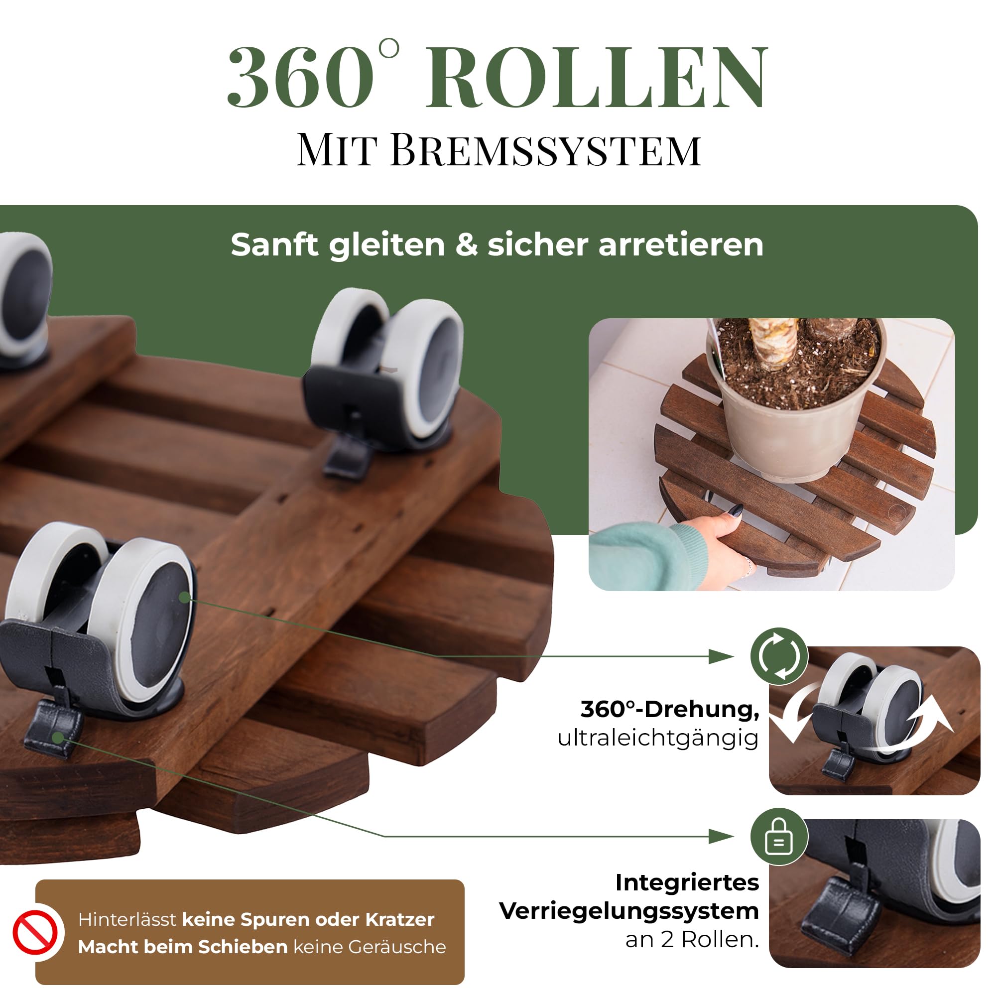 Pflanzenroller Outdoor Rund Ø 30 cm | 2er-Set Blumentopf Untersetzer mit Rollen aus FSC-Erlenholz, bis 100 kg, leise 360° Gummirollen mit Bremse, Rollbrett für Pflanzen Innen & Außen wetterfest