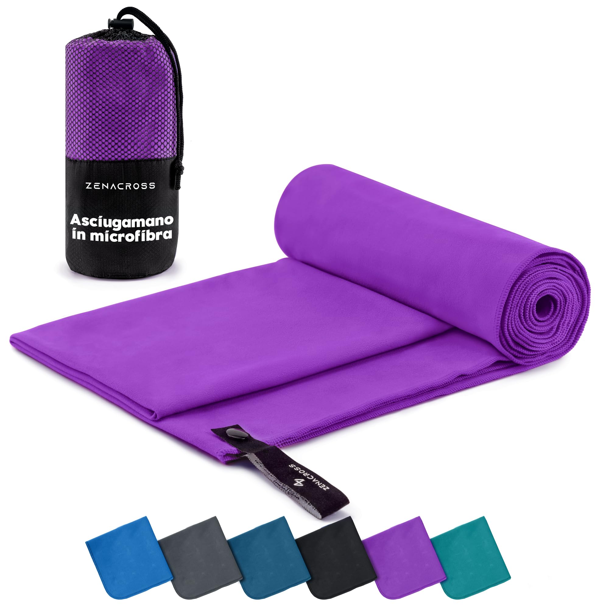 Zenacross Asciugamano Palestra con Borsa per il Trasporto - Asciugamano Microfibra a Rapida Asciugatura e Versatile - Telo Palestra Taglie XL - 180 x 90 cm - Viola