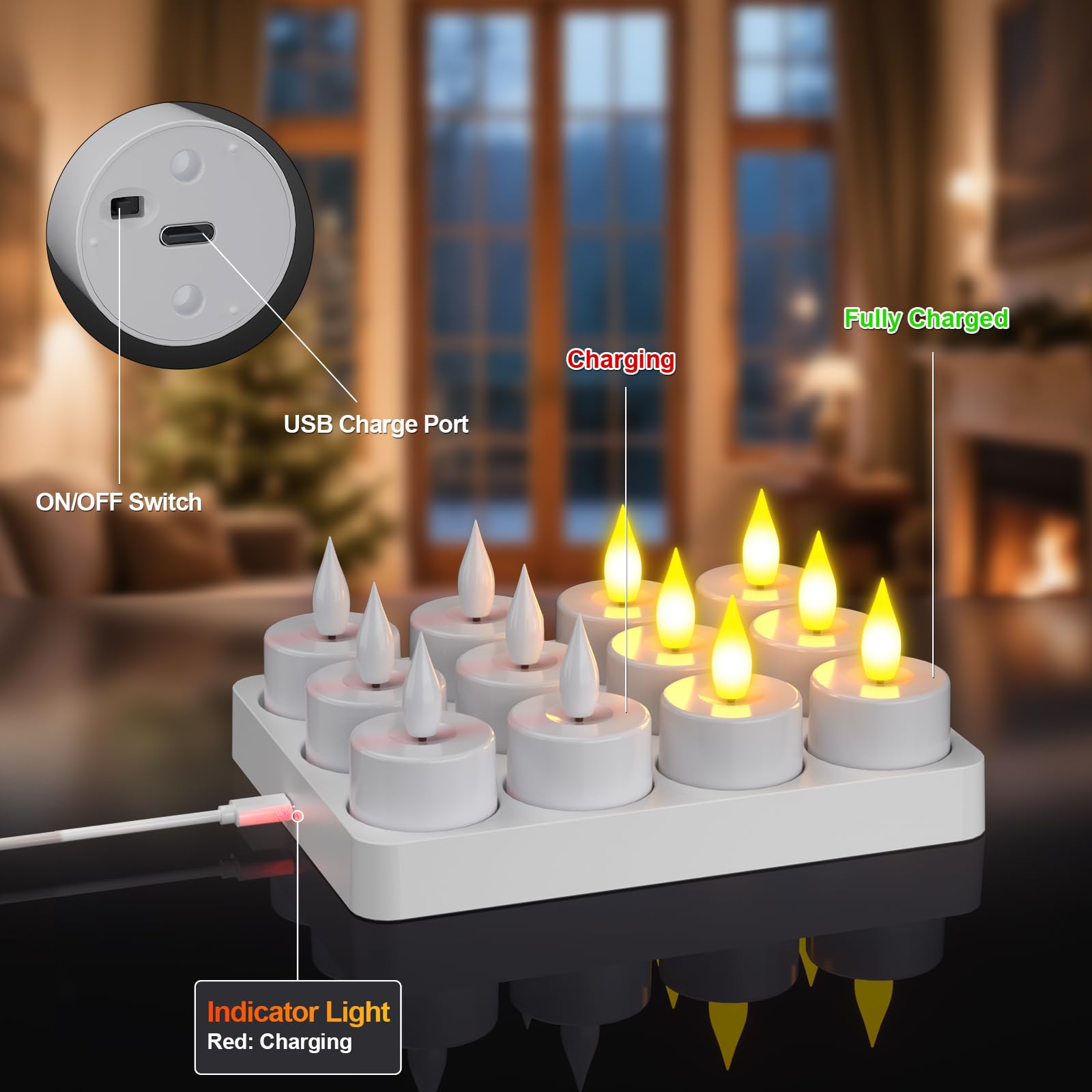 Ymenow Velas de té LED recargables con función de temporizador y mando a distancia, 12 unidades de velas LED recargables, con estación de carga, temporizador para fiestas, habitaciones, salones