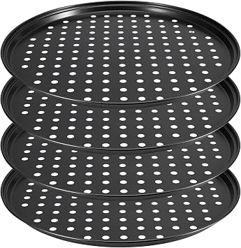 CECOMBINE 4 Pack 10 Inch Non Stick Pizza Tray, Perforated Baking Tray for Oven, Pizza Pans with Holes for Baking Pizza Home Kitchen, Round Pizza Baking Pan, Oven and Dishwasher Safe, Black