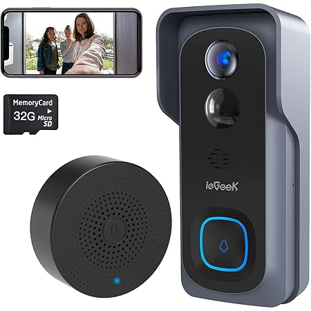ieGeek Video Doorbell Camera Wireless, WiFi Smart Door Camera with Motion Detection, 32GB Pre-Installed, 6700mAh Battery, 2-Way Audio, IP66 Waterproof, Night Vision, USB Indoor Chime Included