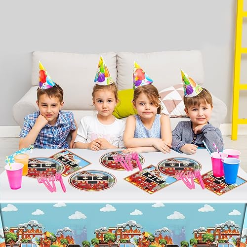 Miniatura 6 de Vajilla de fiesta de camión de bomberos, 20 platos y 20 servilletas y manteles de 71 x 42 pulgadas, suministros desechables para fiesta de