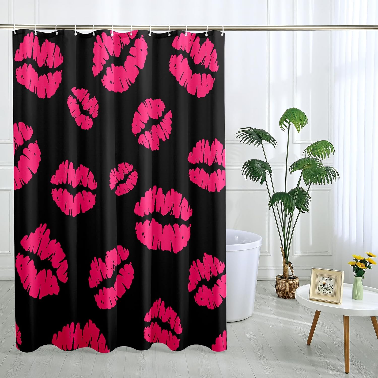 Valentine's Day Shower Curtain kiss Lip Sexy Holiday Modern Romantic hot Pink Black Polyester Waterproof Bathroom College Indoor Dorm stall Decorations Shower Curtain with Hooks 62x72inch