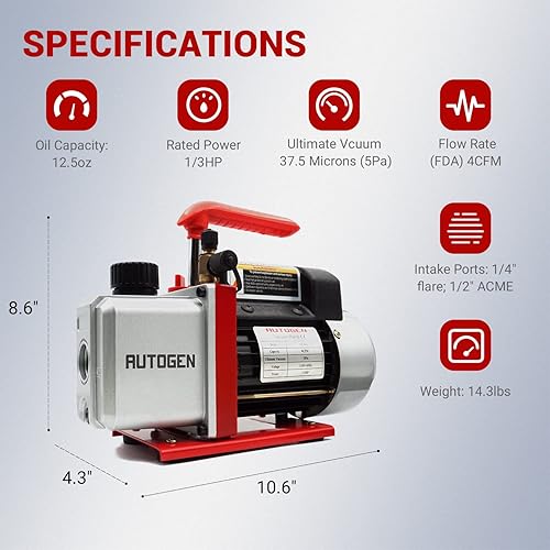Miniatura 4 de AUTOGEN Bomba de vacío de aire de paleta rotativa de 110 V 14 HP 4 CFM R134a R12 R22 R502 AC Manifold Set Kit para HVAC aire acondicionado