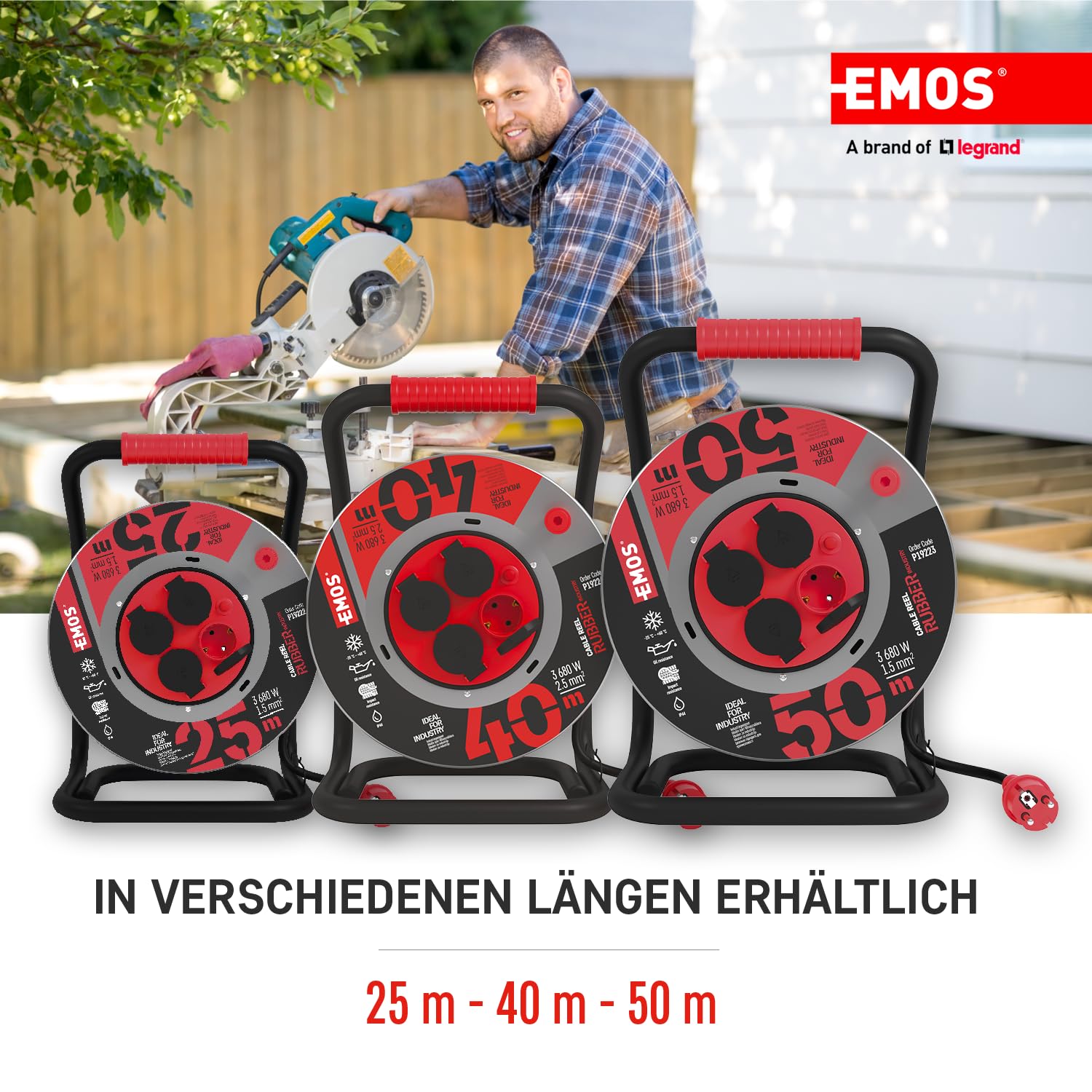 EMOS tambor cable 40 m acero, 4 Schuko, 230 V 16 A 3680 W, goma H07RN-F 2.5 mm², IP44, resistente agua, golpes, aceite, intemperie