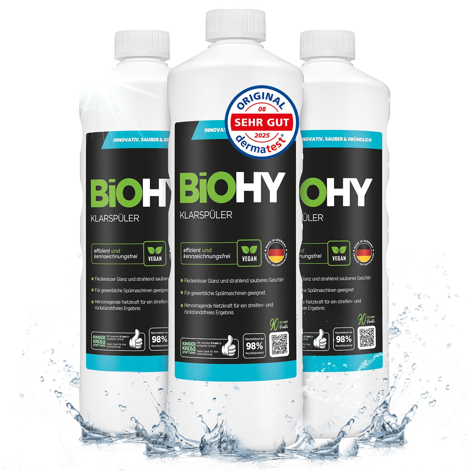 BiOHY Produit de rinçage (3 x 1l Bouteille) | Convient à Tous Les Lave-Vaisselle, pour Une Brillance imbattable des Verres et de la Vaisselle sans Taches d'eau (Klarspüler)