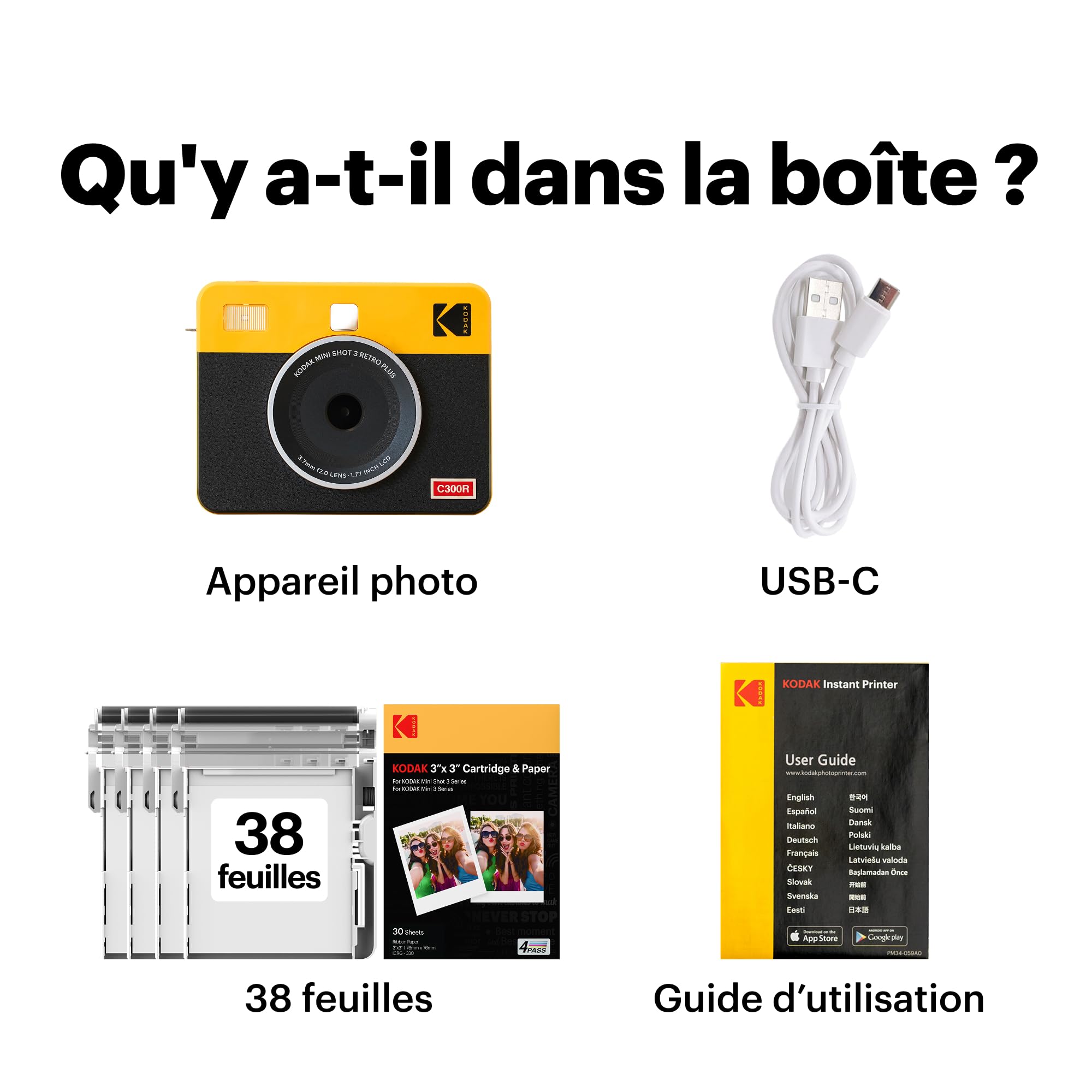 Kodak Mini Shot 3 Retro Cadeau Noel, Appareil Photo Instantané Vintage avec Imprimante Photo Portable, 76x76 mm, Technologie 4Pass, Pack de 38 Papiers Photo – Blanc