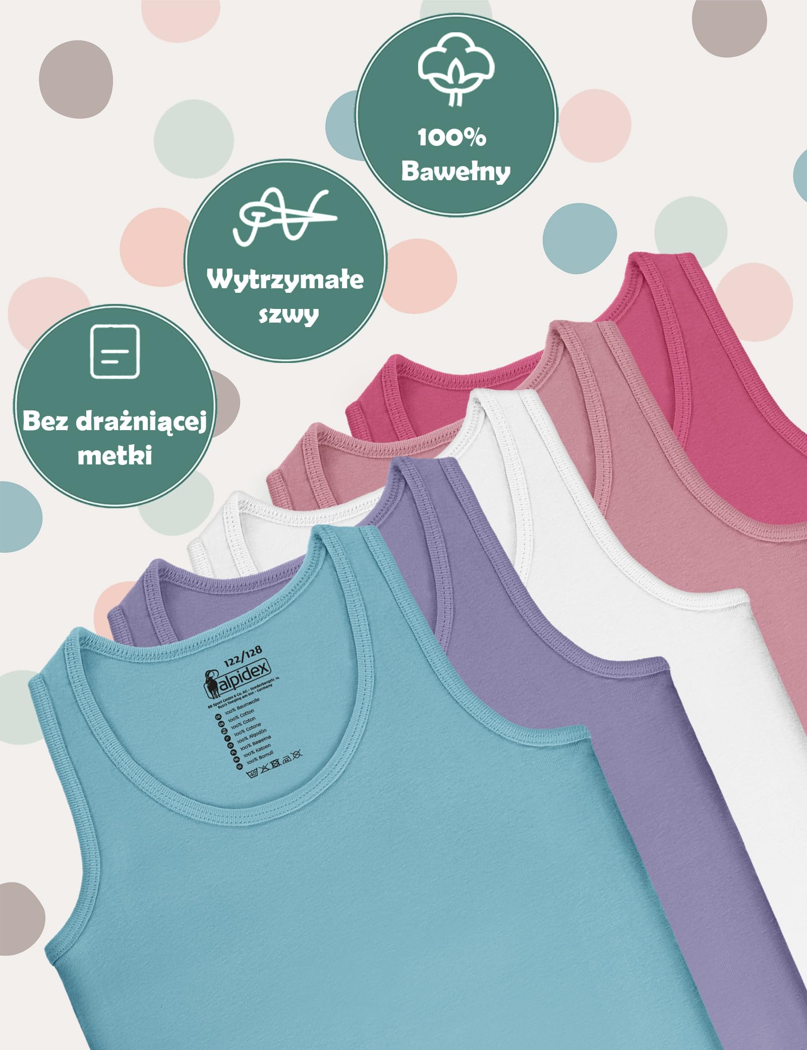 ALPIDEX 5 Sztuk Podkoszulki Bielizna Dziewczynki Zestaw 100% Bawełna Podkoszulek Kamizelek Bez Rękawów Jednokolorowe Podkoszulki Dzieci