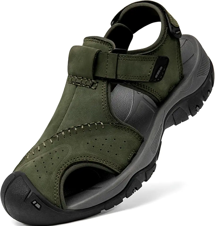 Sandálias esportivas masculinas de couro com bico fechado, trilhas, atividades ao ar livre, praia, trilha, pesca, água, leve, confortável, à prova d'água