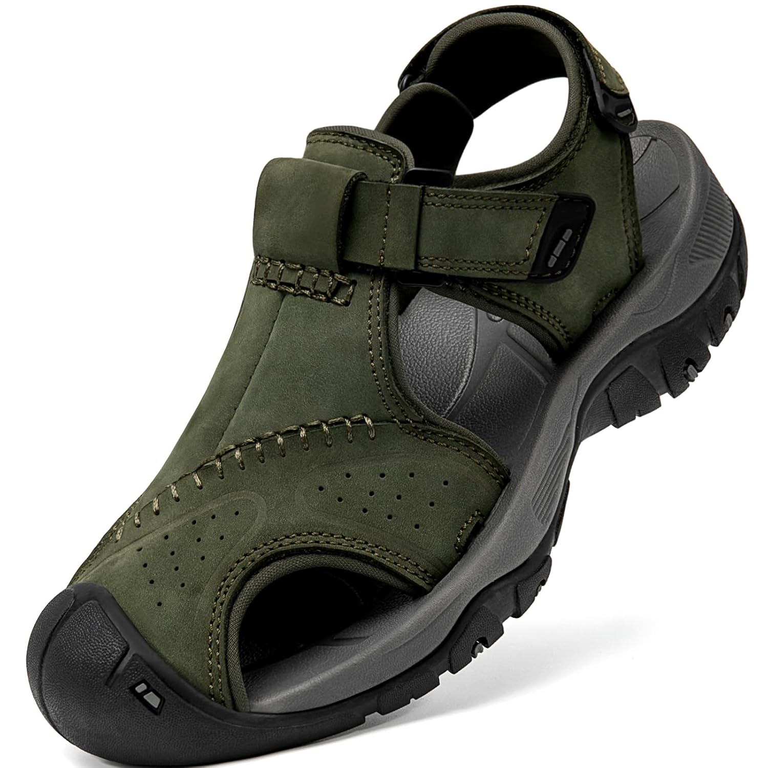 Sandálias esportivas masculinas de couro com bico fechado, trilhas, atividades ao ar livre, praia, trilha, pesca, água, leve, confortável, à prova d’água