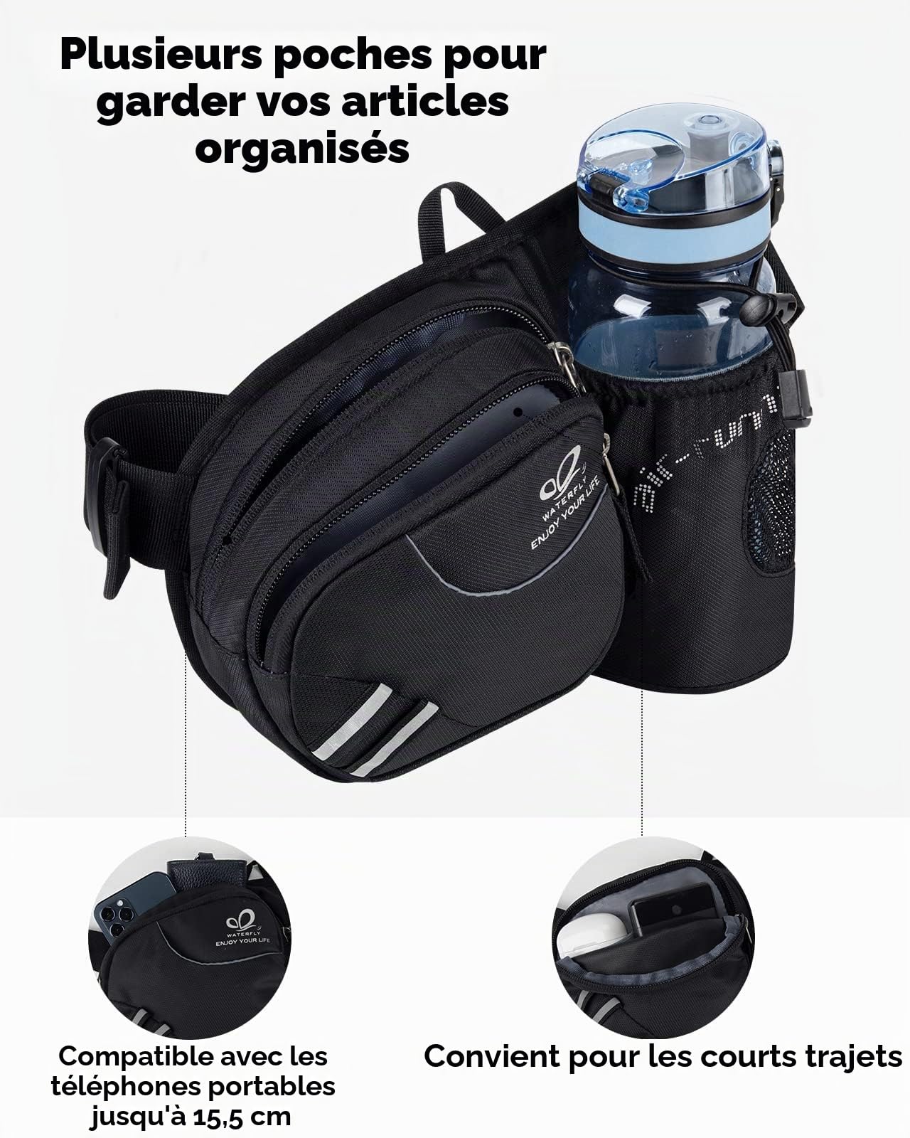 Waterfly Sac Banane Homme et Femme Sacoche Banane de Sport Ceinture de Course avec Porte Bouteille