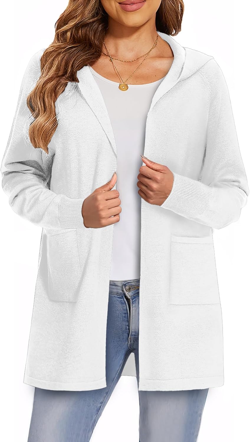 SMENG Women’s Lightweight Hooded Sweater Open Front Cardigan Casual Knit Long Sleeve Outerwear with Pockets