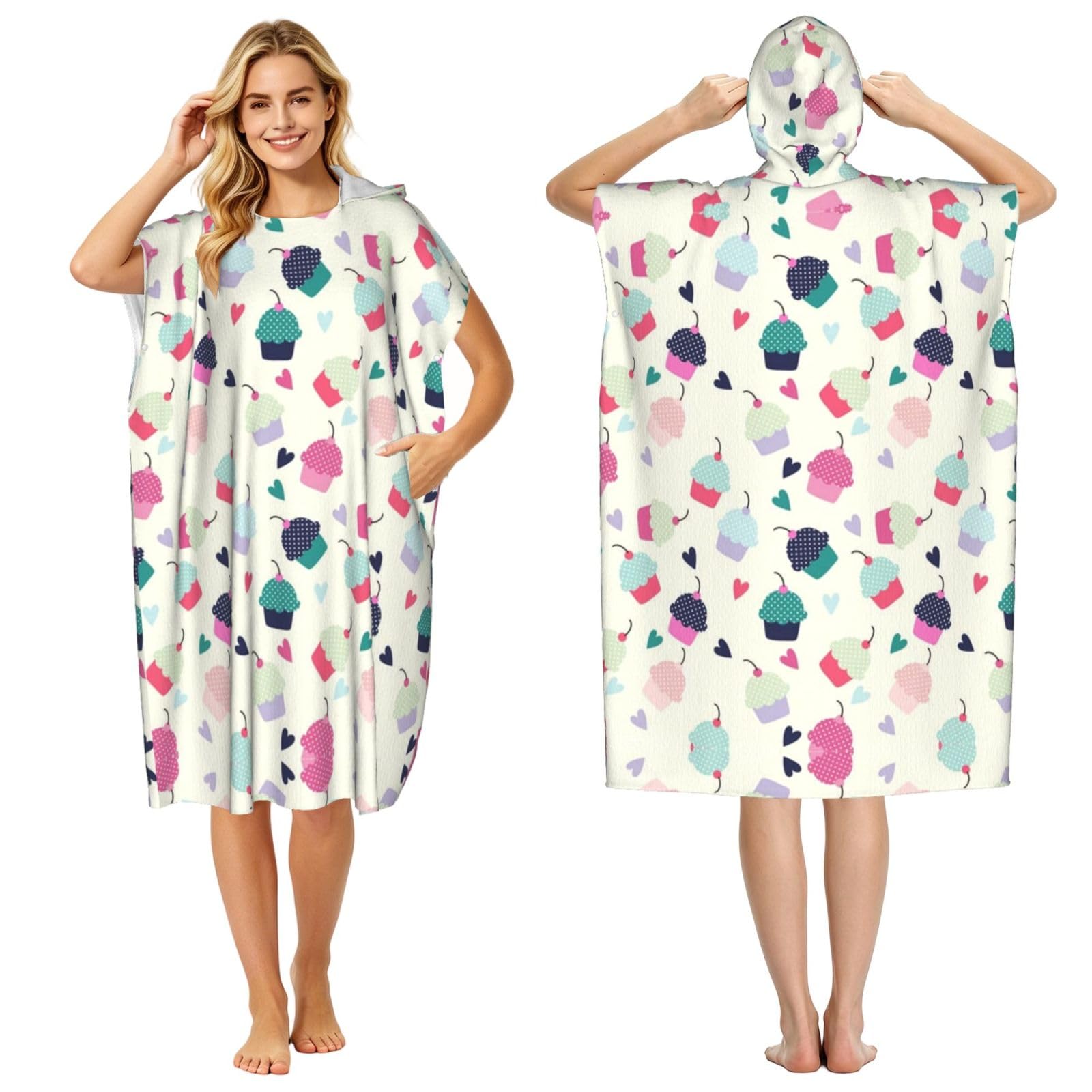Poncho à capuche en microfibre cupcake et cœurs pour femme