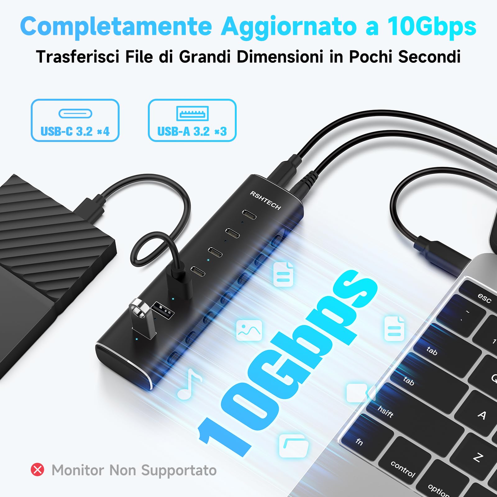 RSHTECH Hub USB C Alimentato, 7 Porte USB Hub 10Gbps con 4 Porte USB-C 3.2 e 3 Porte USB-A 3.2, Cavo da 3.3ft e Alimentatore 36W (12V/3A), USB 3.2 Hub in Alluminio per Laptop, RSH-H7C4