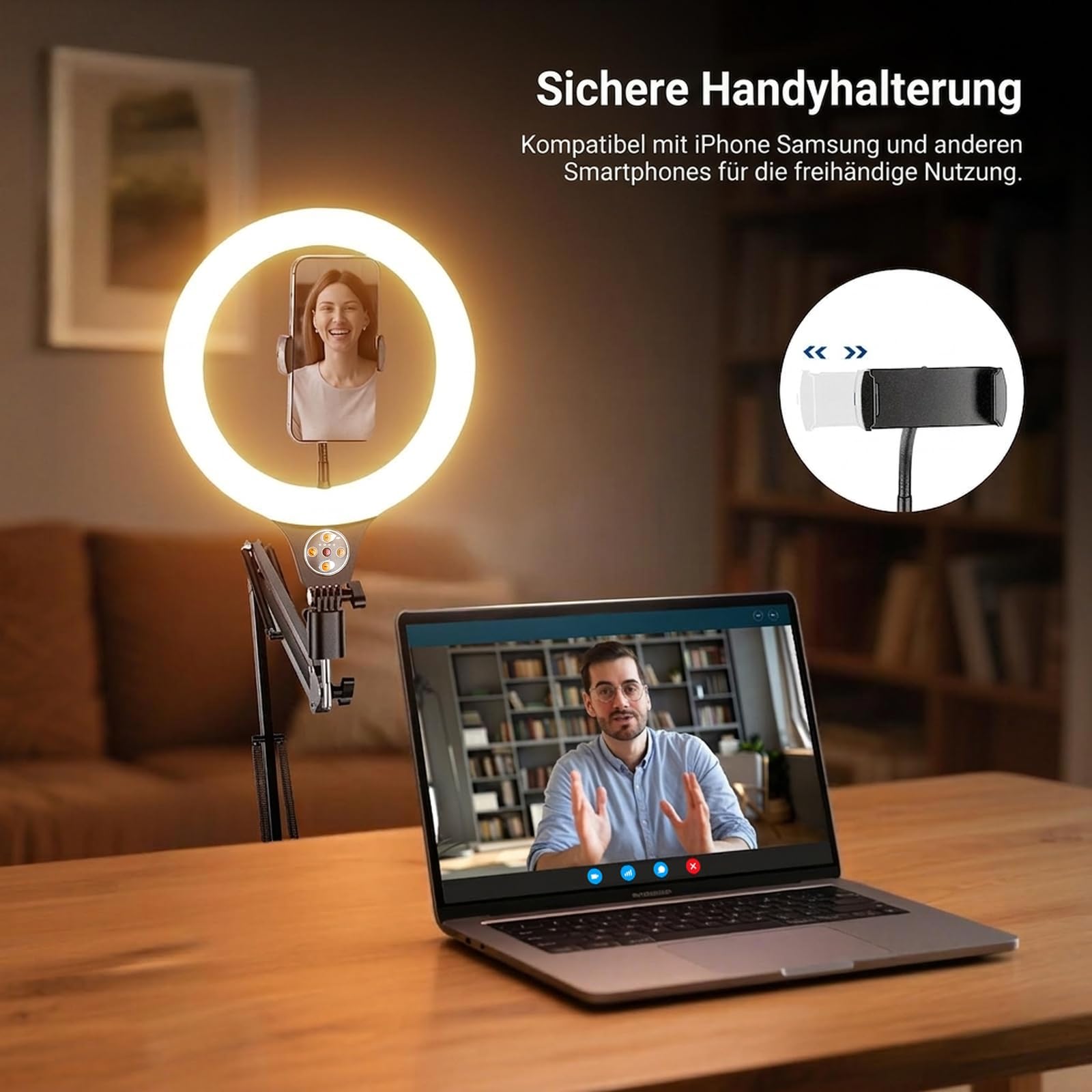 NEEWER Entry Level Version 10,5" 10W Ringlicht mit 46“-63" Stativ, Handyhalterung für Deckenmontage, kompatibel mit iPhone, zweifarbige LED Selfie Beleuchtung mit CRI 85+ für TikTok Videoaufnahmen N44