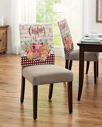 Miniatura 4 de Juego de 4 fundas para respaldo de silla de Navidad, diseño de copos de nieve, árbol de Navidad, diseño a cuadros, extraíble, protector para silla