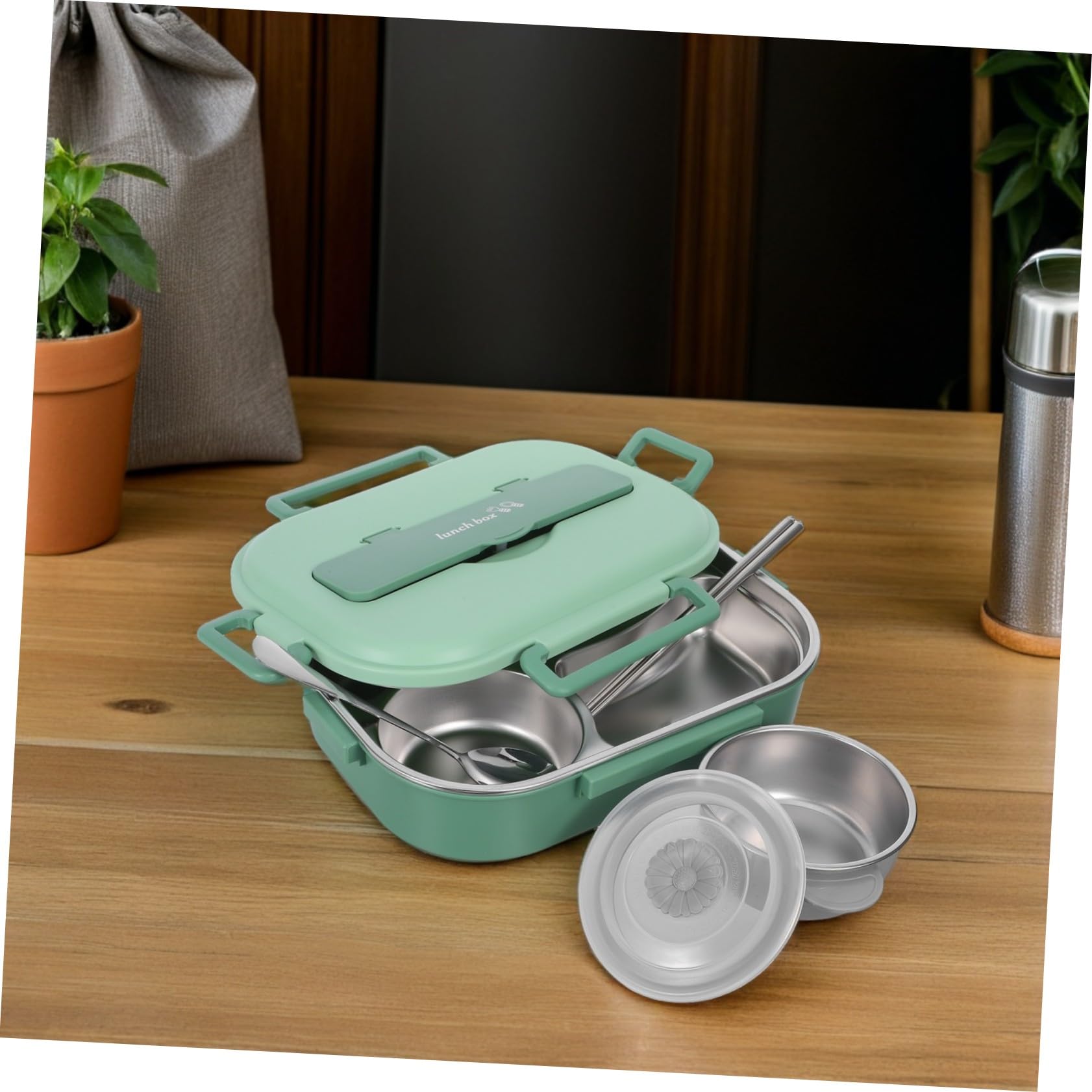 Alipis Bento Lunch Box in Acciaio Inox 1500ml 4 Scomparti | Verde, Set 1 Pezzo con Ciotola per Zuppa e Posate, per Scuola e Gite Lunghe