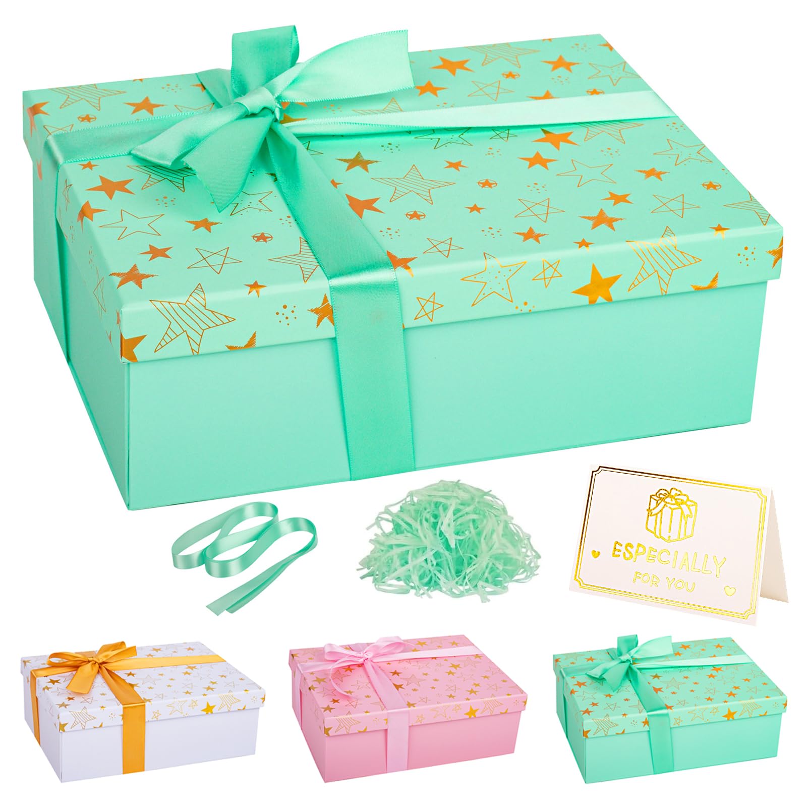 Luxury Star Mint Green Gift Box with Lid 25x18x9cm Medium/Large Gift Boxes for Presents, Cardboard Empty Gift Box Birthday Christmas Valentines Bridal Present Box with Ribbon for Girls Her