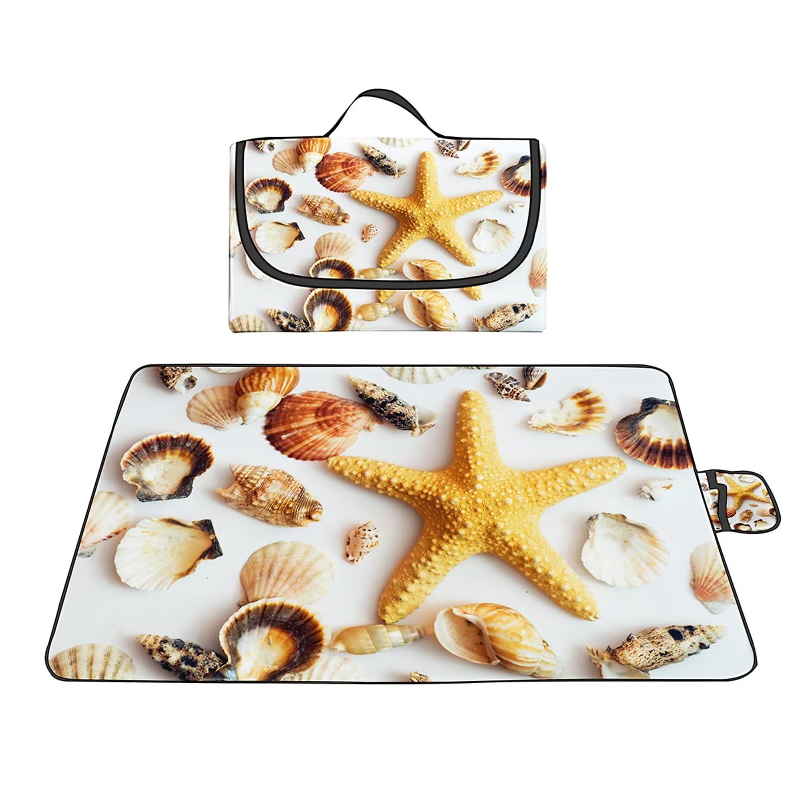 Coperta da Picnic 180x200cm, Coperta da Campeggio Impermeabile Coperta da Spiaggia Portatile con Maniglia per Picnic Outdoor Campeggio Spiaggia Parco Conchiglia Stella Marina Gialla