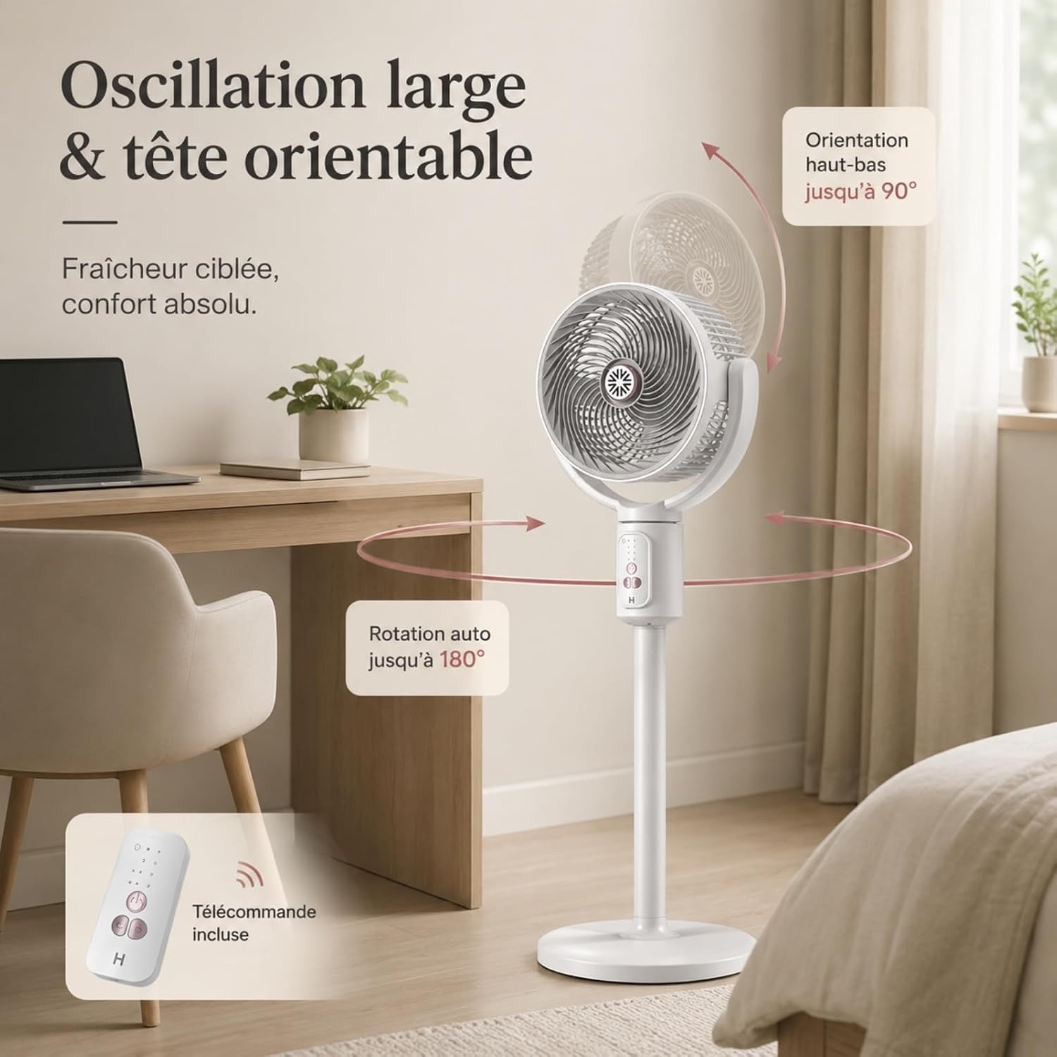 Ventilador de columna interior recargable, aire altura ajustable | Circulador con temporizador y mando a distancia for oficina, dormitorio, salón, cocina(B)