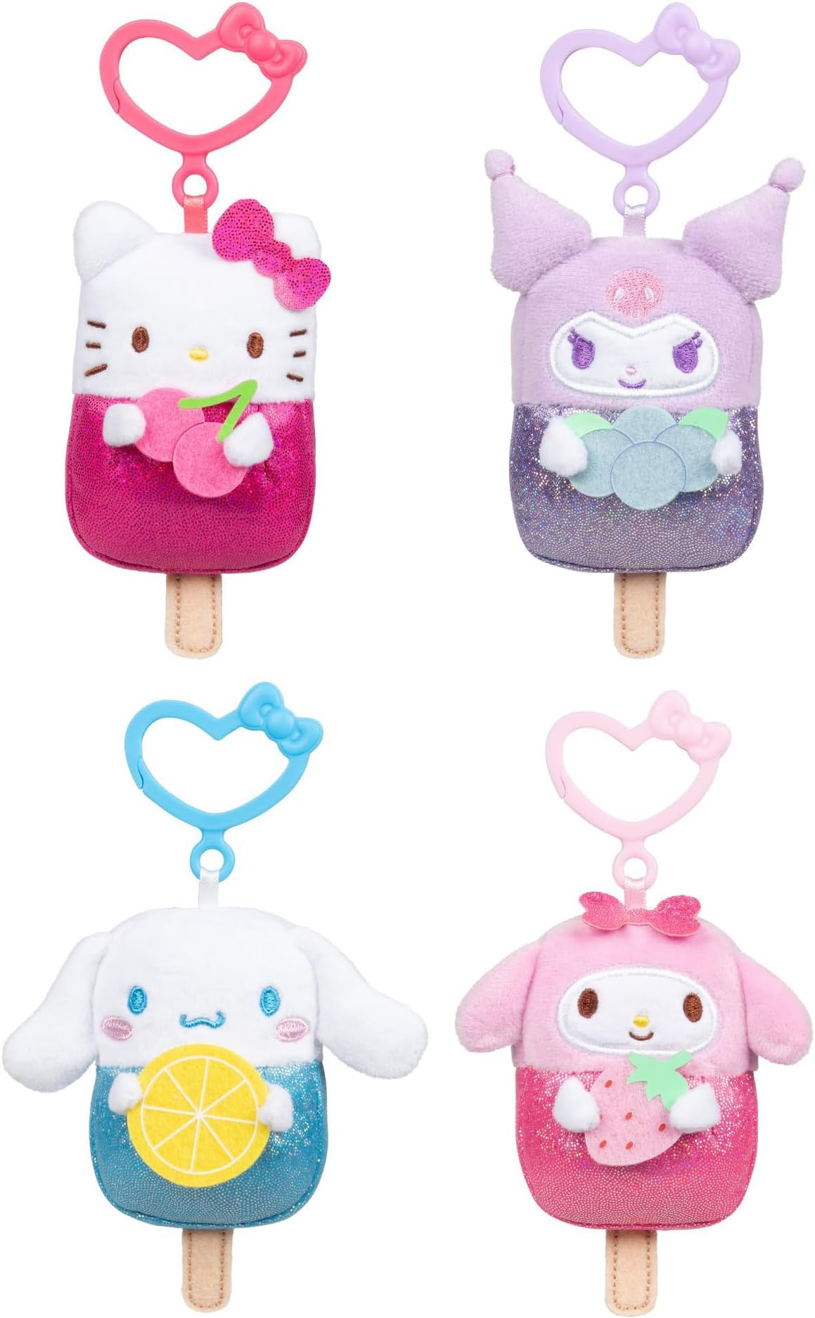 Hello Kitty and Friends 4-Pack Popsicle Clip-On Plush Featuring Hello Kitty, Kuromi, My Melody, and Cinnamoroll with Unique Bow Clips - Officially Licensed Sanrio Product from Jazwares
