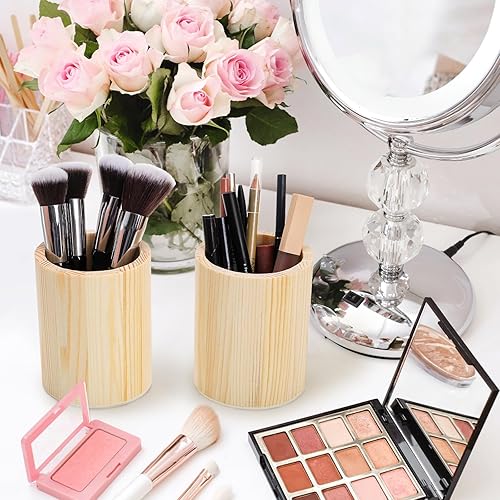 Miniatura 7 de Yopay Paquete de 12 soportes para bolígrafos de madera, soporte redondo de 4 pulgadas para escritorio, organizador de escritorio de madera sin