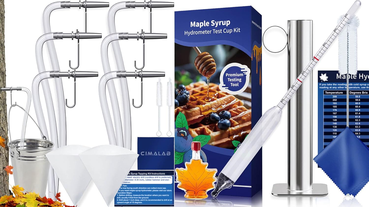 Maple Syrup Hydrometer Test Cup Kit, Hydrometer for Maple Syrup Making + Maple Syrup Tapping Kit, 6 Set Maple Tree Tapping Kit, 6 Stainless Steel Maple Syrup Taps, 6 Maple Syrup Tube