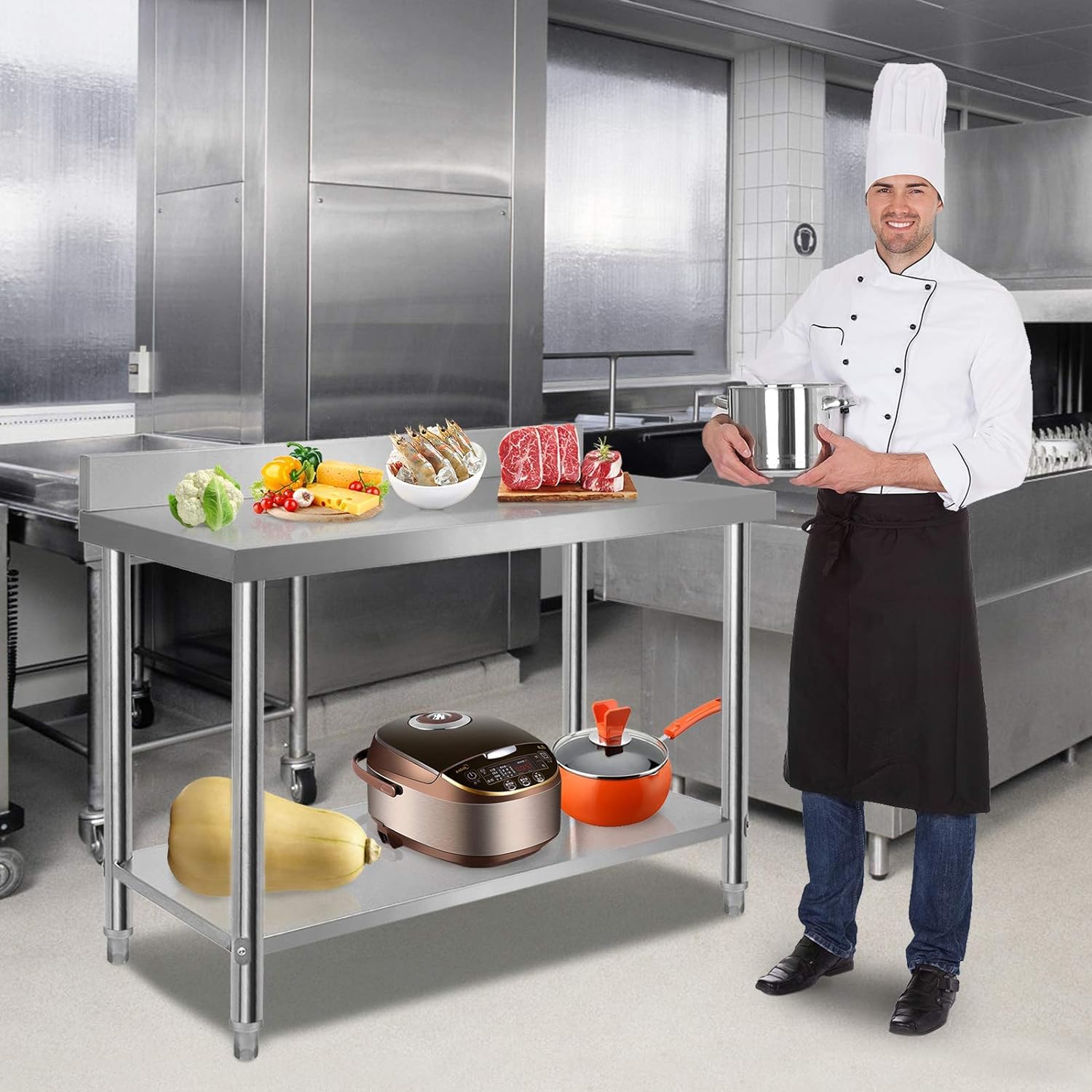 ACXIN Edelstahl Arbeitstisch Küchentisch Zerlegetisch mit Höhenverstellbar Füße und Großer Unteren Ablage Küche Bar Arbeitstische für Lebensmittelzubereitung 120 x 60 x 85cm, Silber (mit Aufkantung)