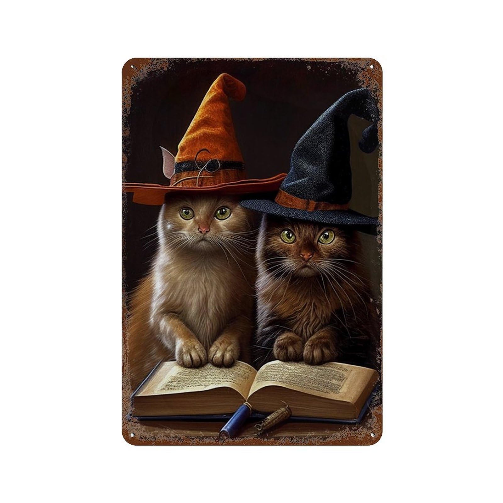 Garage Style Witch Cats with Spellbook Weathered Tin Sign 11.8"x7.9", Farmhouse Wall Decor for Bar And Workshop