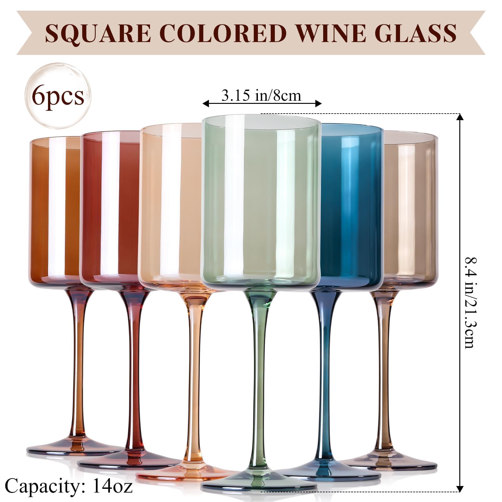 Juego de 6 copas de vino de colores elegantes personalizadas, copas de vino cuadradas sin plomo, cristal de alta calidad saludable y seguro, copas de vino de cristal sopladas a mano