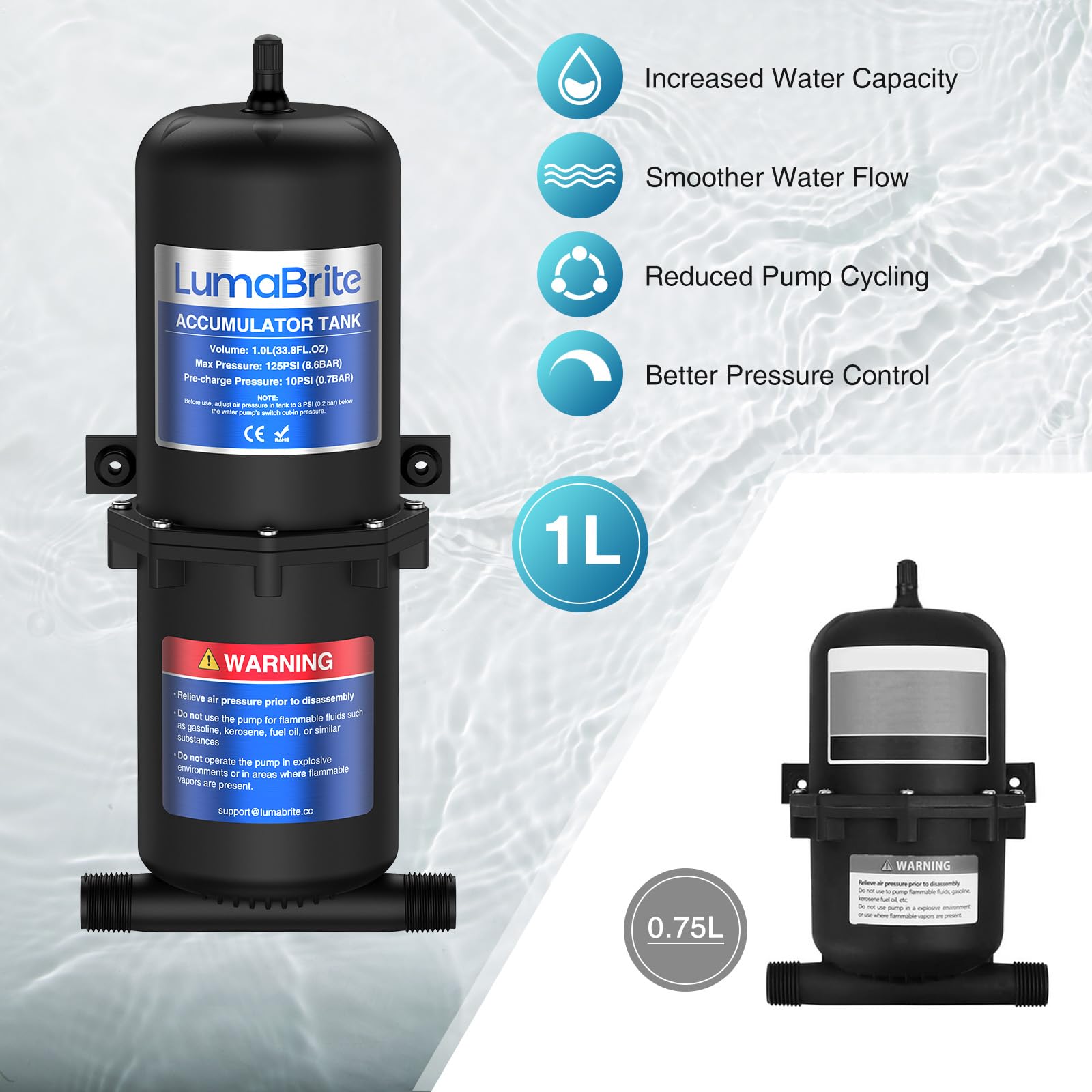 Réservoir D'accumulateur Pré-pressurisé, 1 L 125 PSI Réservoir Sous Pression pour Stabiliser la Pression d‘Eau et Protéger la Pompe dans les RV, Bateaux et Remorques
