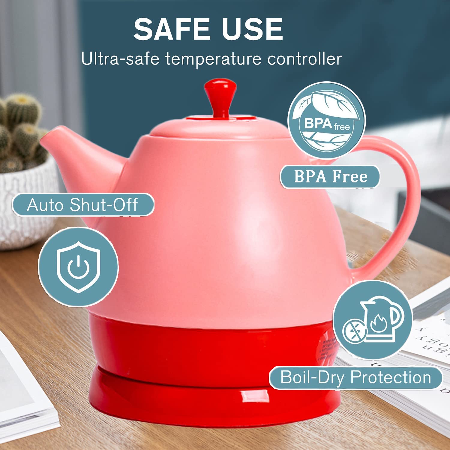 Bollitore Elettrico in Ceramica da 1L, Stile Retrò, Contenitore in Ceramica Senza BPA Teiera Vintage, Resistenza Nascosta, Spegnimento Automatico, Senza Fili, 1350W (C: Red)