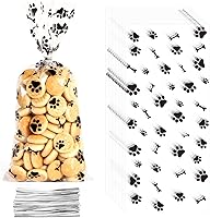 60 Pack Dog Paw Cellophane Treat Bags with Ties - Clear Puppy Party Favors, Candy Goodie Bags for Birthdays, Baby Showers (5x11 Inches)