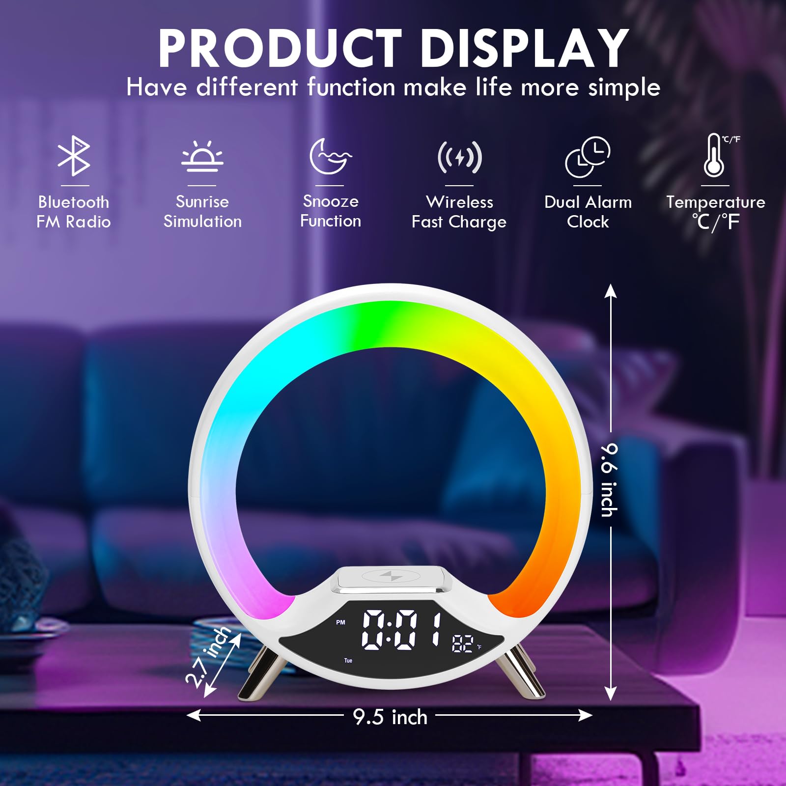 GuDoQi Sunrise Alarm Clock with Fast Wireless Charger Station and Bluetooth, Full Screen with Sunrise Simulation Light, Sleep Aid, Dual Alarms, FM Radio, More Than 10 Colors Nightlight for Bedrooms