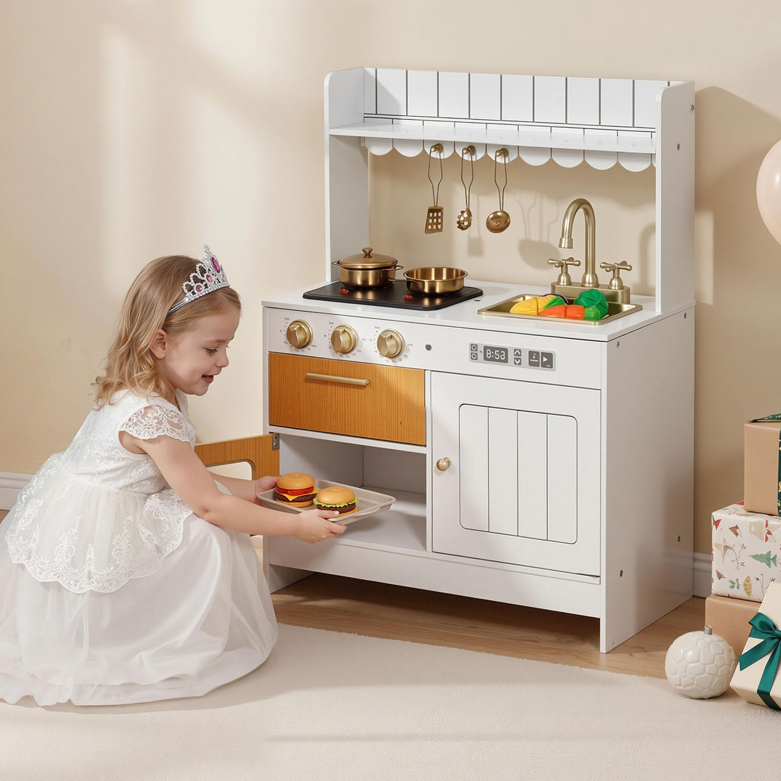 VEVOR Cocina de Juguete para Niños de 3 a 8 Años, Cocinita Infantil de Madera con Luces y Sonidos, Zonas Interactivas, Juego de Cocina con Almacenamiento, Microondas, Fregadero, Accesorios, Blanco