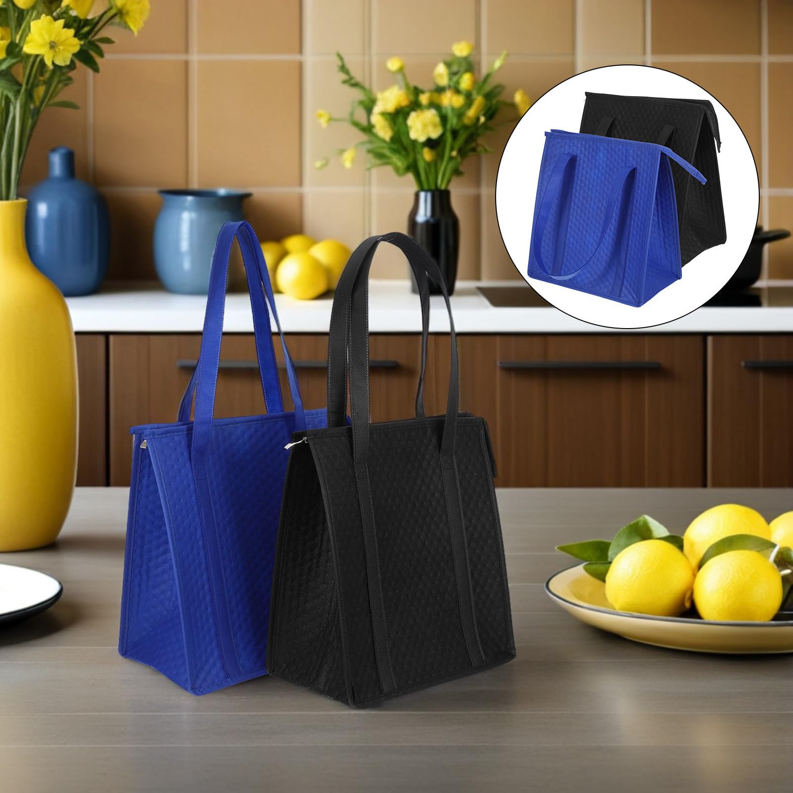 USHOBE 10 Sacchetti Riutilizzabili Termici la Spesa con Zip e Manici Non Tessuto, Borsa Isolante Versatile per Alimenti Caldi e Freddi, per Cucina e Scuola
