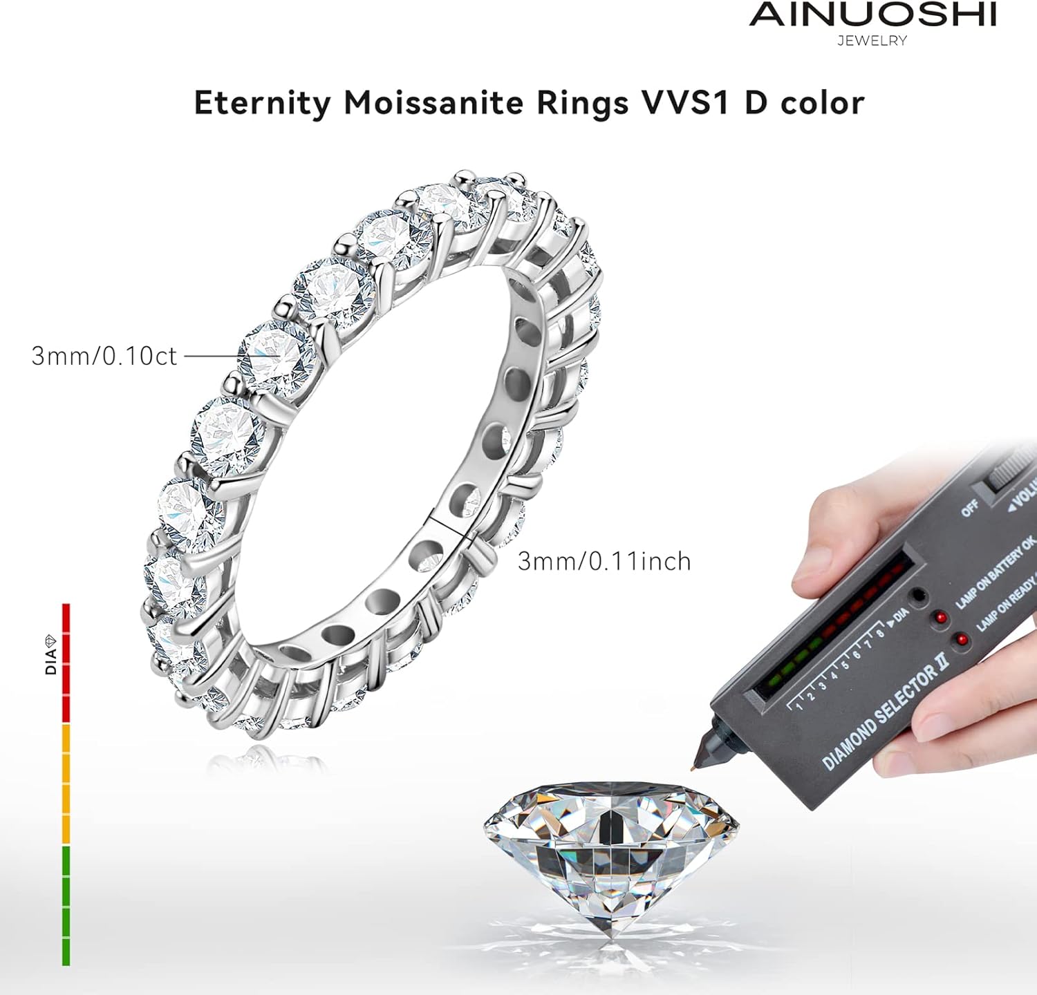 AINUOSHI Eternity Moissanite Ring, 925 Sterling Silver Round Cut Wedding Anniversary Band for Women Stackable Rings, Size 4-9