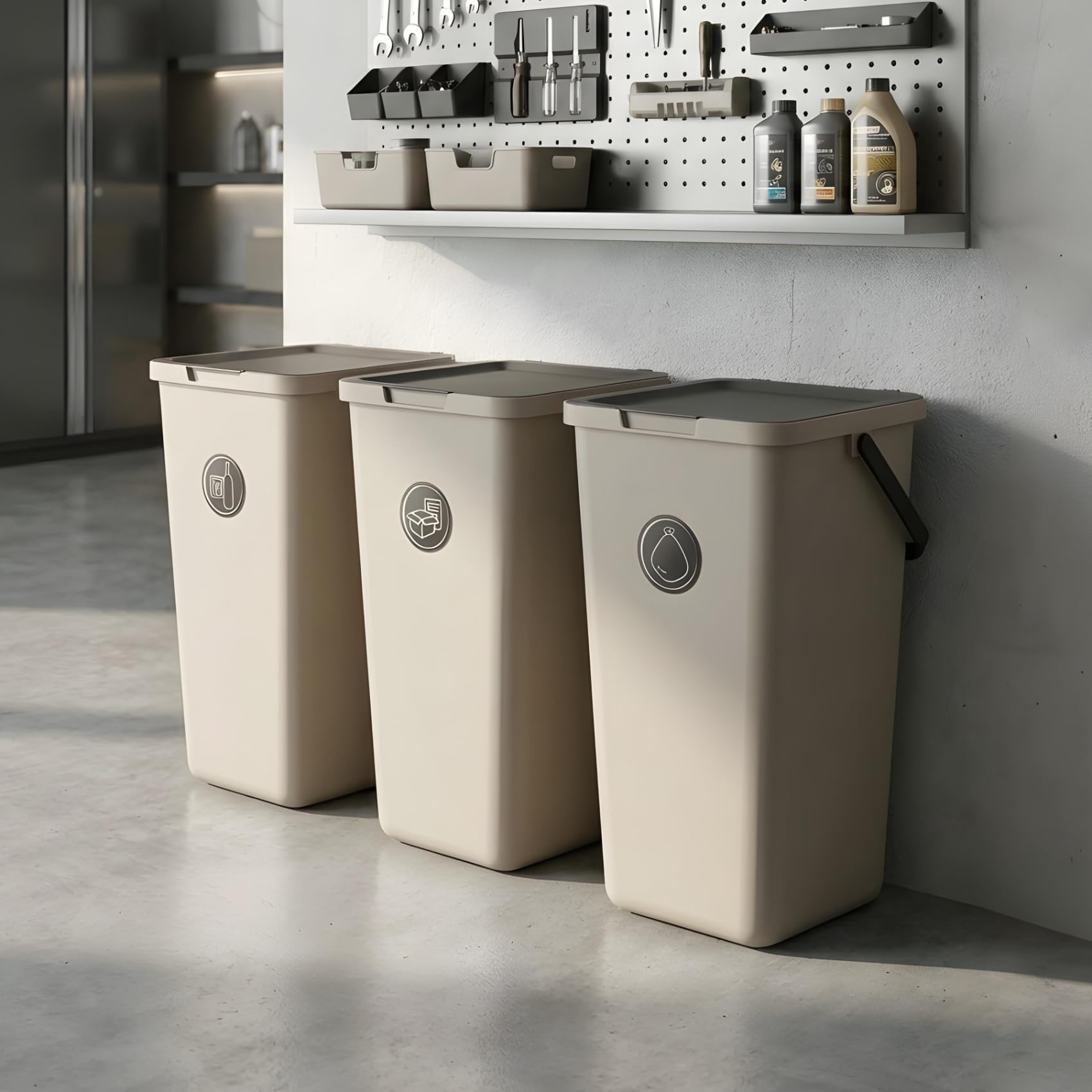 Contenitori raccolta differenziata, 3x32l, beige, salvaspazio da interno, cestini cucina, 34x28x53(H) cm