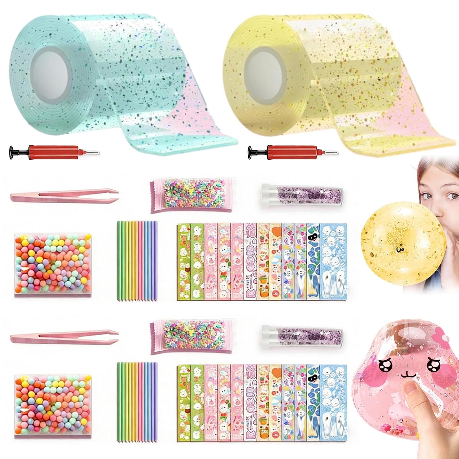50PCS Glitter Bubble Nano Tape Toy Set, 2027 New Nano Tape Bubble Kit, Nano Making kit Tape Bubbles with Glitter, Stickers and Accessories Tools, DIY Arts and Craft Kit Gift for Kids (D)