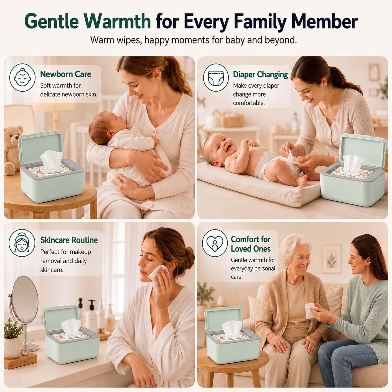 Calentador de toallitas para bebé, control de temperatura de 3 niveles, calentamiento silencioso y uniforme, gran capacidad para cambios de pañales, color verde | Gran capacidad, fácil de usar, 3 ajustes de temperatura ajustables, calefacción silenciosa d