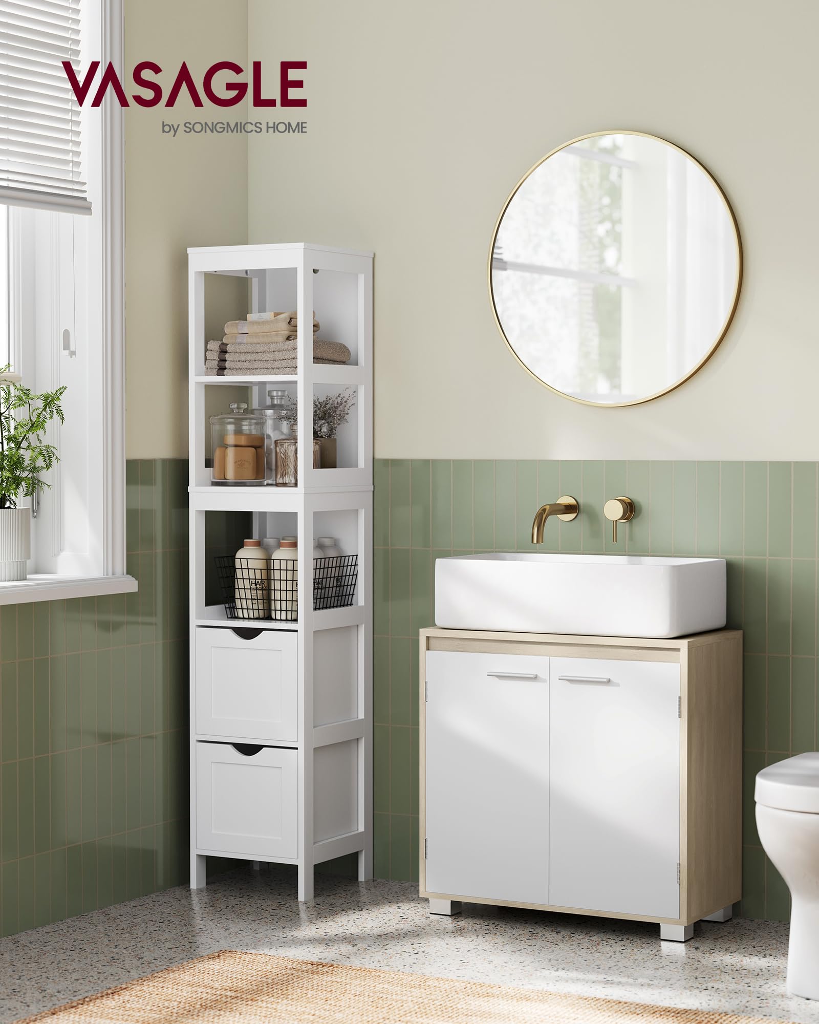 VASAGLE Mobile Sottolavabo, Mobile da Bagno, 2 Scomparti dietro le Ante, per Diversi Tipi di Lavabi, con Piedini, 30 x 60 x 60 cm, Beige Naturale e Bianco Nuvola BBK506L01