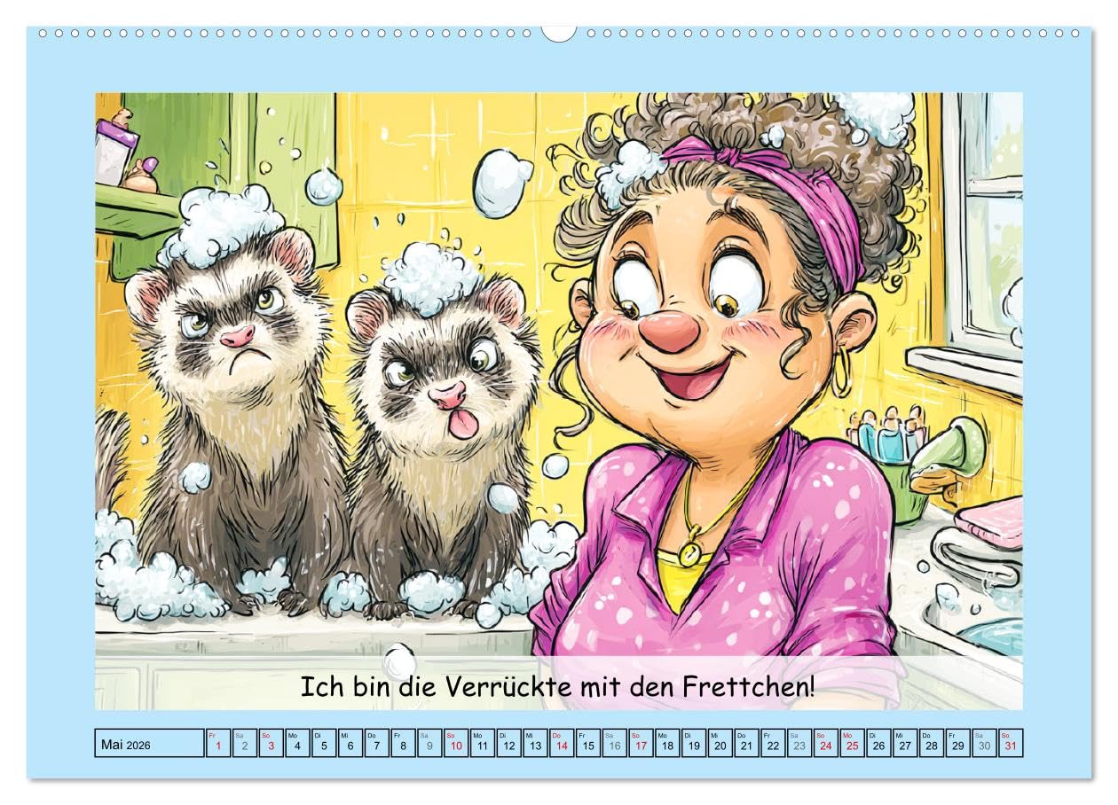 Frettchen. Lustige Cartoons und witzige Sprüche (hochwertiger Premium Wandkalender 2026 DIN A2 quer), Kunstdruck in Hochglanz: Lustige Cartoons über ... flauschig, fantastisch! (CALVENDO Tiere)