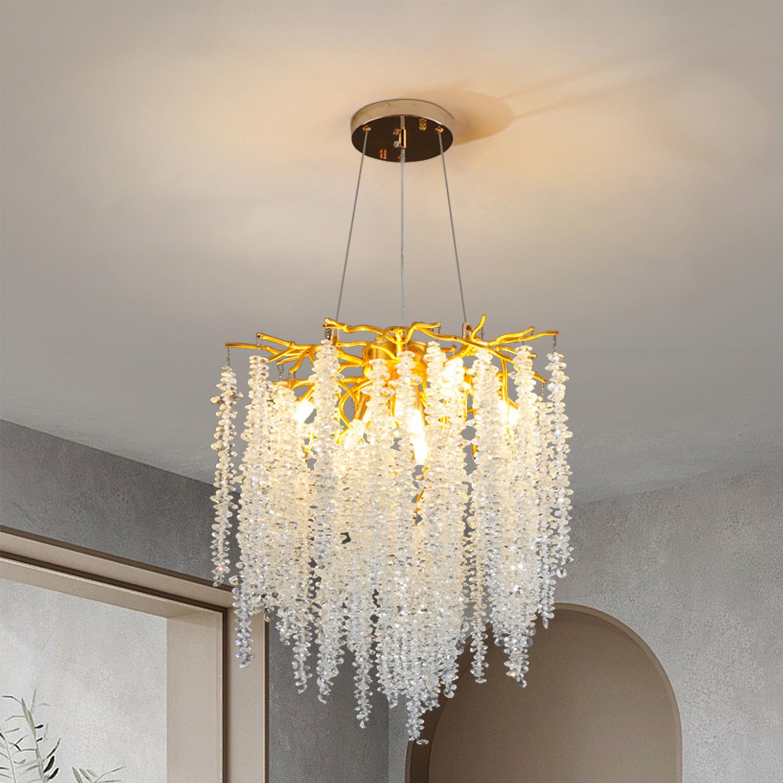 Modern Crystal Tree Branch Chandelier, Gold Aluminum Crystal Raindrop Chandeliers Indoor Hanging Pendant Light Fixture for Dining Room Kitchen Island Living Room Bedroom,Round D40CM