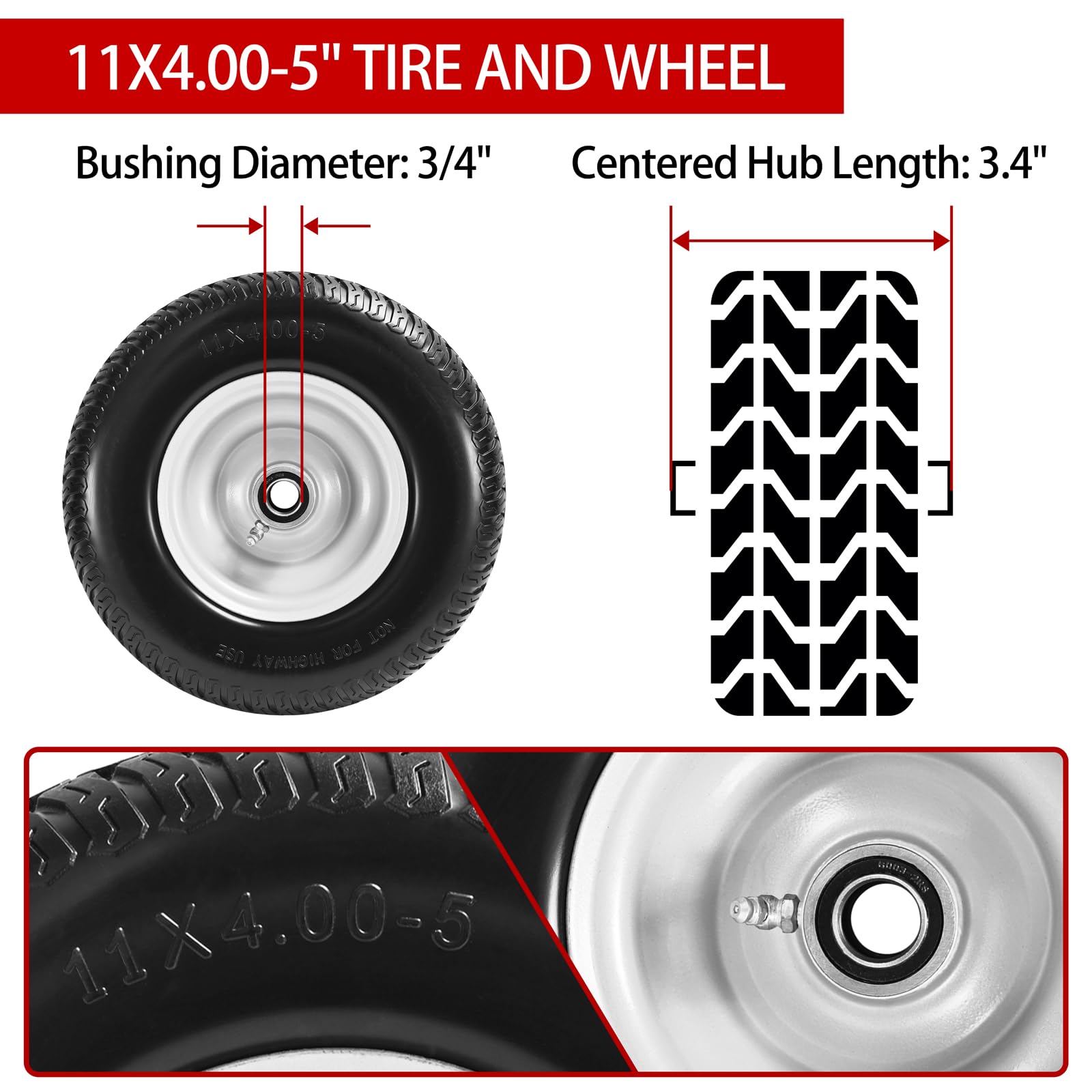 Paquete de 2 neumáticos y ruedas para cortacésped de 11 x 4.00-5, bujes centrados de 3.4 pulgadas, bujes de 3/4 pulgadas y 5/8 pulgadas y 1/2 pulgadas, repuesto frontal de giro cero