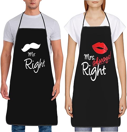 2 delantales de cocina con texto en inglés "Mr Right Mrs Always Right", divertidos delantales de cocina para mujeres y hombres, chefs, resistentes a