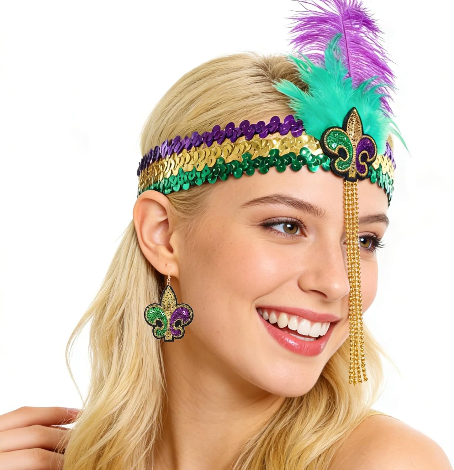 3 Pcs Mardi Gras Costume Accessories Set Feather Headband Bracelets Fleur de Lis Earrings for Women Carnival Masquerade Mardi Gras Outfit for Party Parade Dress Up Multi - Image 7