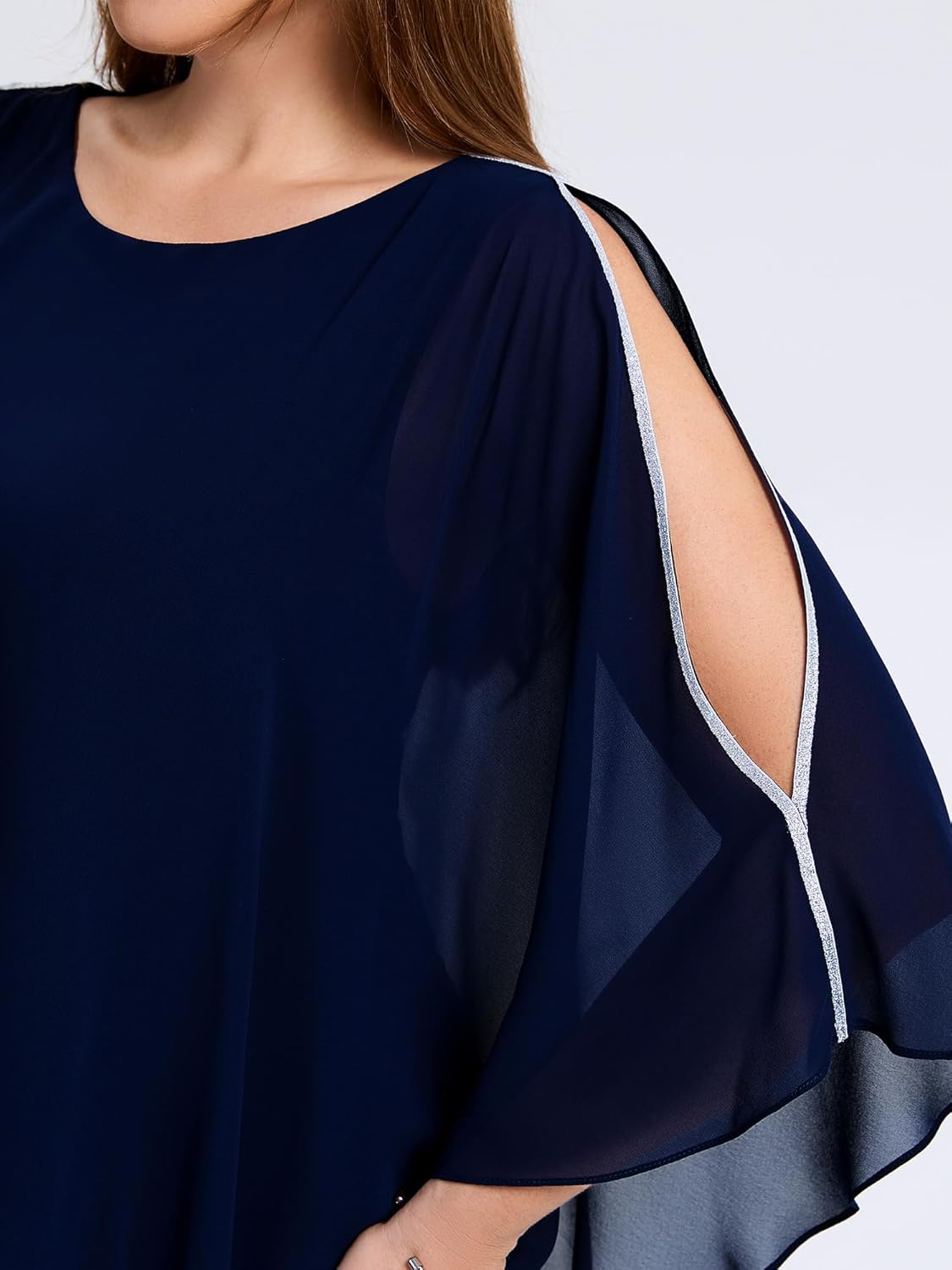 Ever-Pretty Plus Women's Chiffon Batwing Sleeve Glitter Embellishment Round Neck Plus Size Evening Wedding Top Party Blouses