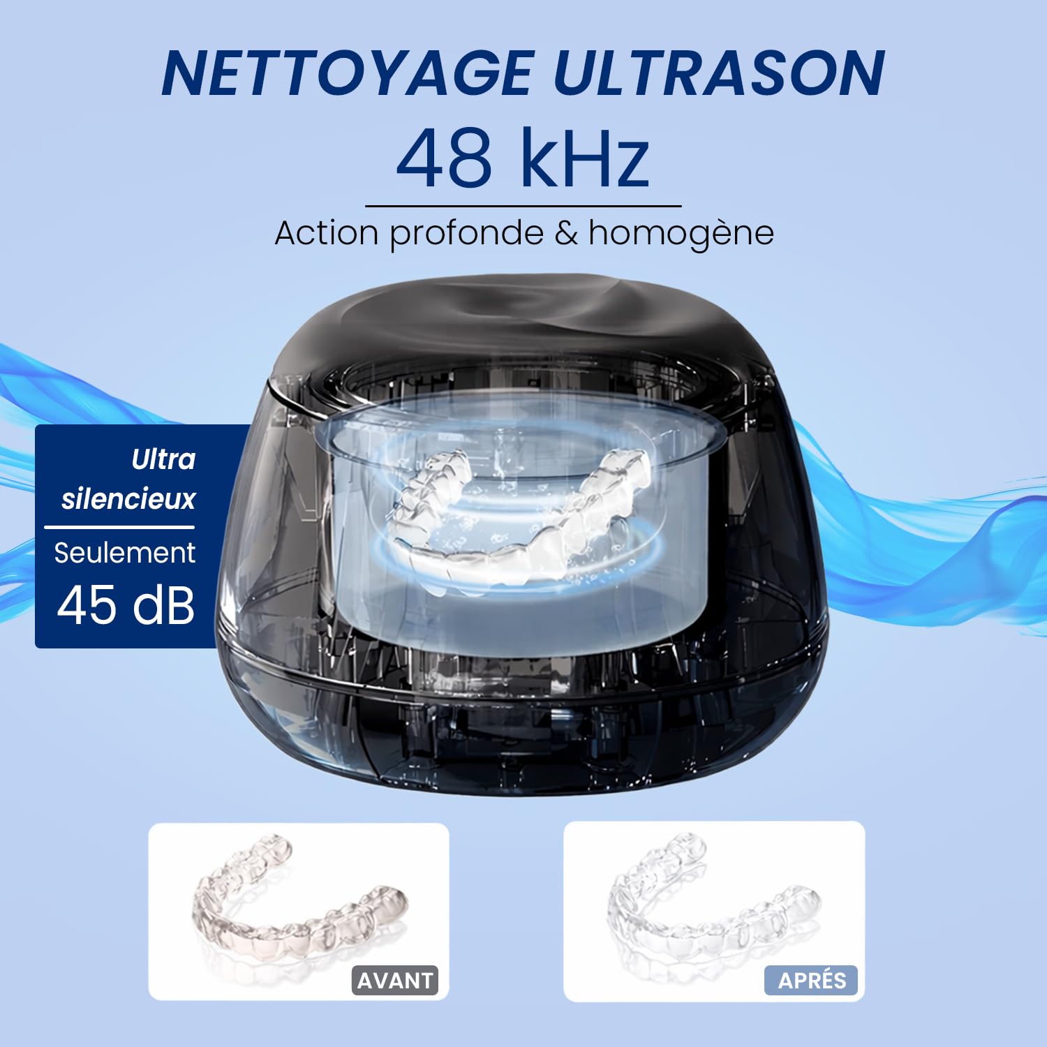 Nettoyeur Ultrason Appareil Dentaire purDENTAL by NEVOPUR – 48 kHz UV, Bac Inox 200 mL – Nettoyant Gouttière, Dentier, Prothèse, Aligneur – 6 purTABS inclus (tablettes nettoyantes) - 3
